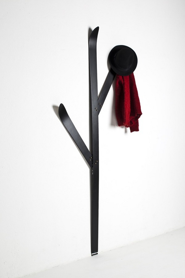 Coat rack designed by recycled skis