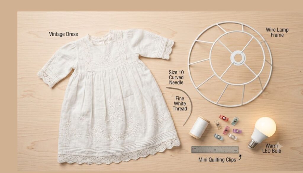 How to Turn a Baby Dress Into a Lamp (Dreamy Nursery Keepsake) diy materials flat lay including baby dress, wire lamp frame, curved needle, and led bulb