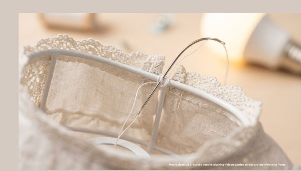How to Turn a Baby Dress Into a Lamp (Dreamy Nursery Keepsake) macro close up of curved needle stitching hidden basting thread around wire lamp frame