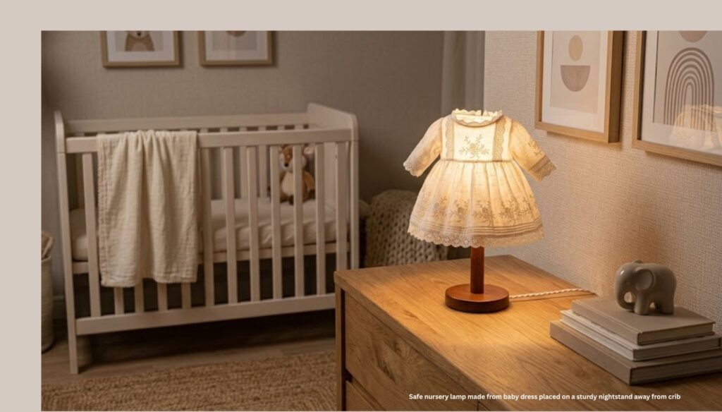 How to Turn a Baby Dress Into a Lamp (Dreamy Nursery Keepsake) safe nursery lamp made from baby dress placed on a sturdy nightstand away from crib