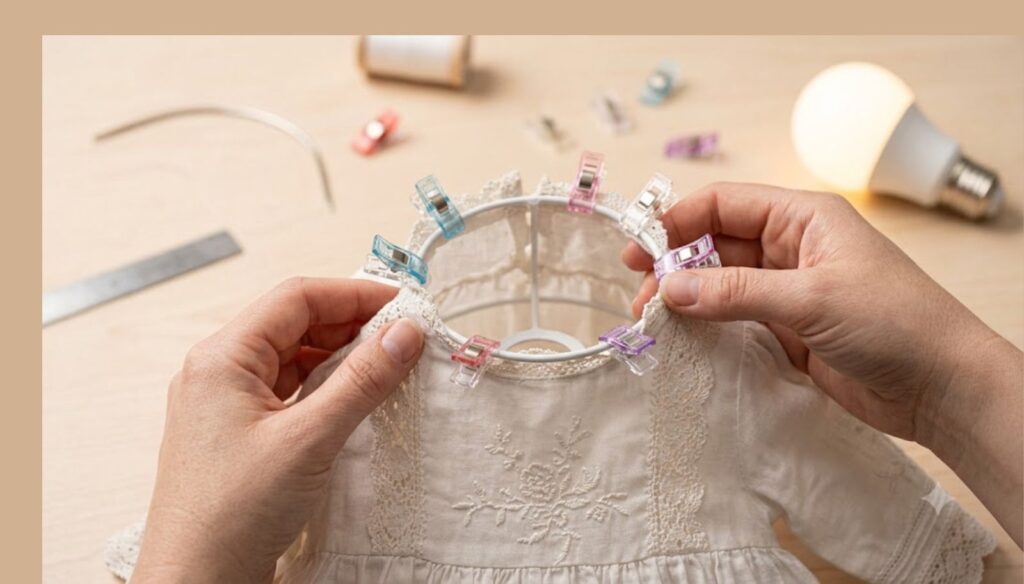 How to Turn a Baby Dress Into a Lamp (Dreamy Nursery Keepsake) securing baby dress to wire lamp frame using mini craft clips at four cardinal points