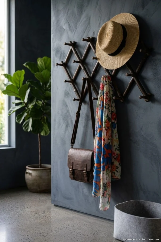Dark carbonized bamboo floating peg coat rack on slate gray wall