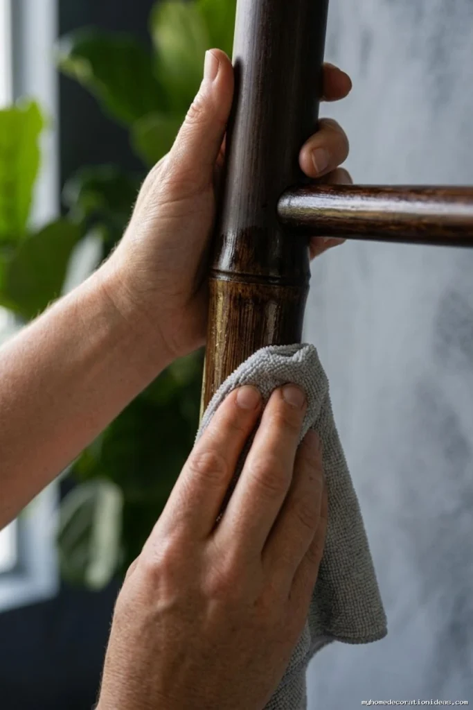 Applying mineral oil to bamboo coat rack to prevent dry cracking