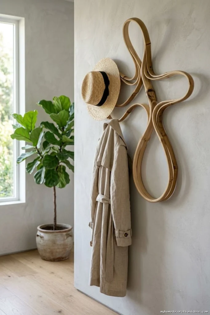 A kinetic split bamboo coat rack in a minimalist Japandi entryway holding a trench coat