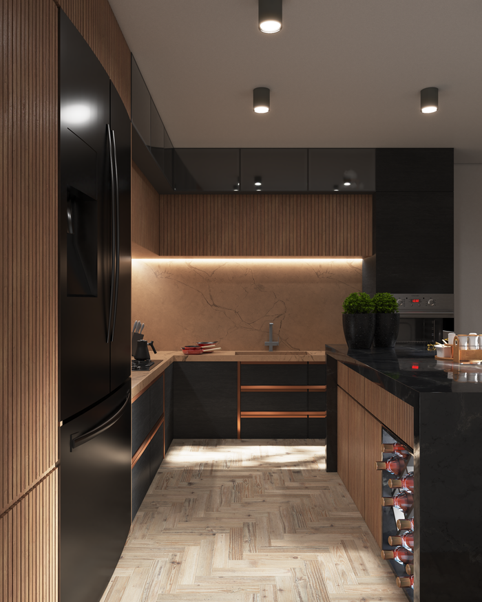 Home A stylish modern kitchen with sleek cabinets, LED lighting, and luxurious finishes.