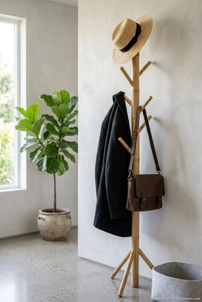 Modern staggered bamboo coat tree stand holding winter jacket and leather bag