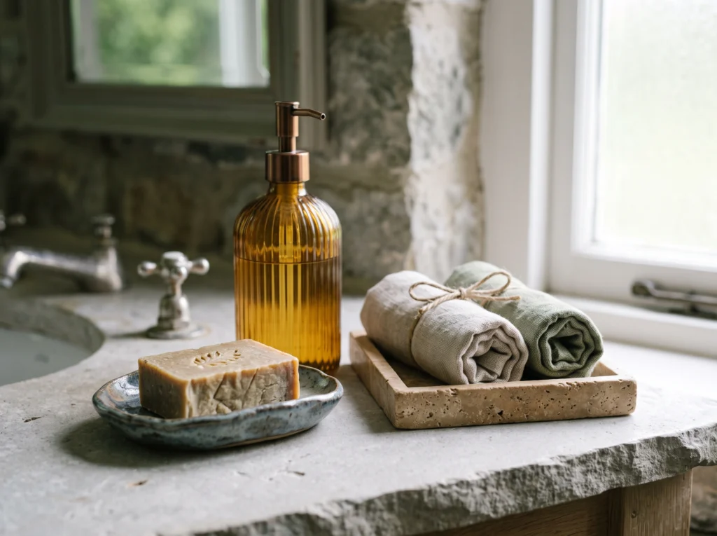 Curated vanity countertop with a hand-thrown ceramic soap dish, ribbed glass bottle, and vintage marble tray.
