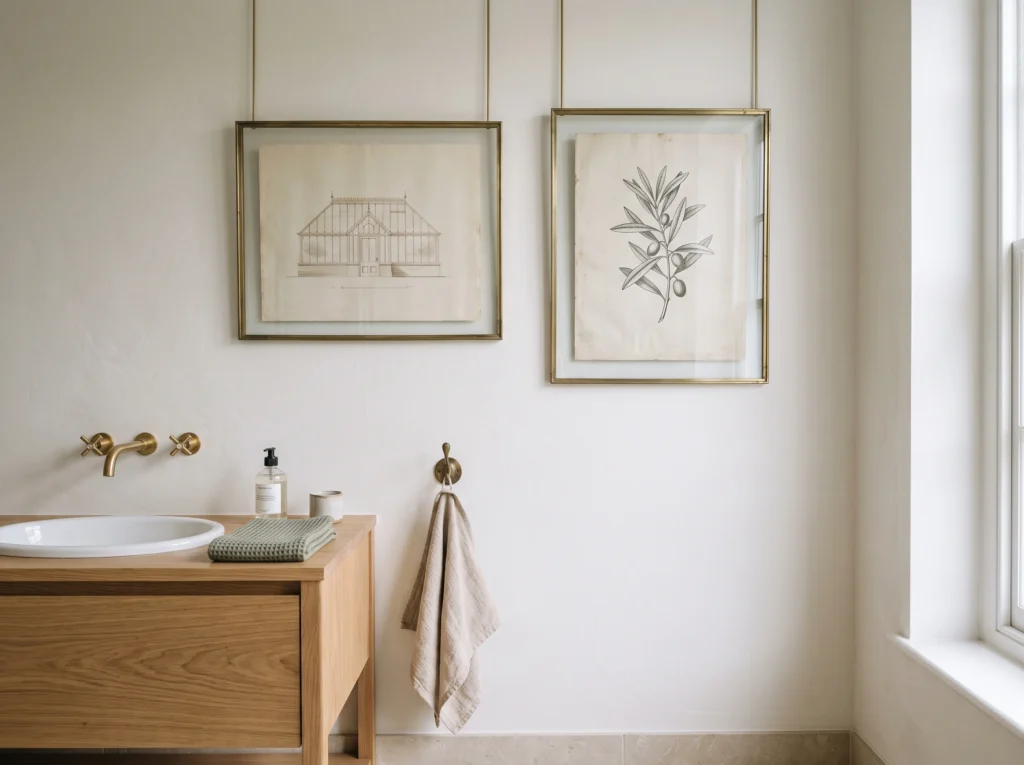 Gallery arrangement of framed vintage sketches and architectural art hanging on a bathroom wall.