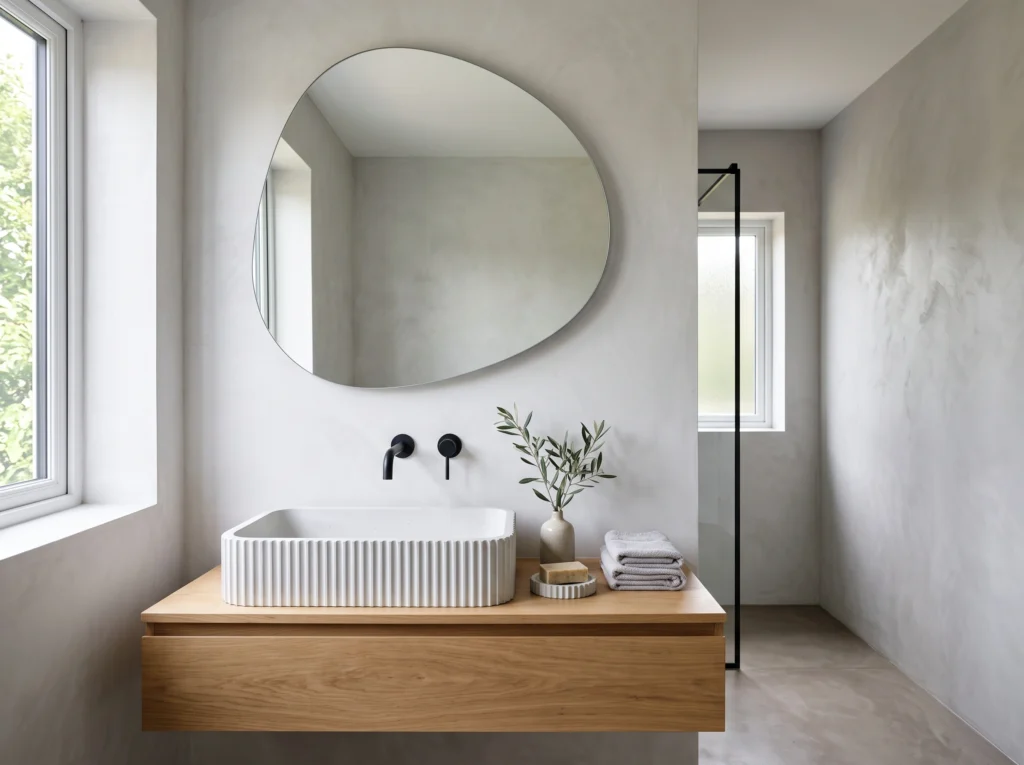 Large asymmetrical organic pebble-shaped mirror mounted above a modern minimalist bathroom vanity.