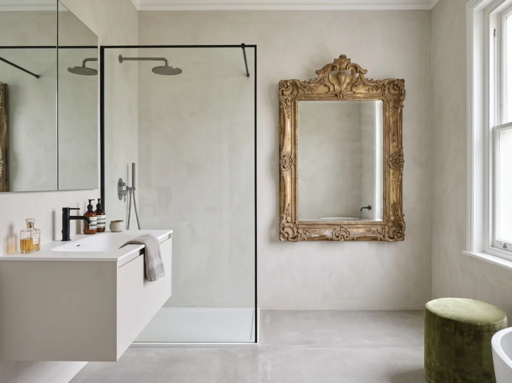 Sleek modern wall-hung bathroom fittings juxtaposed with an ornate antique gilt-wood mirror.