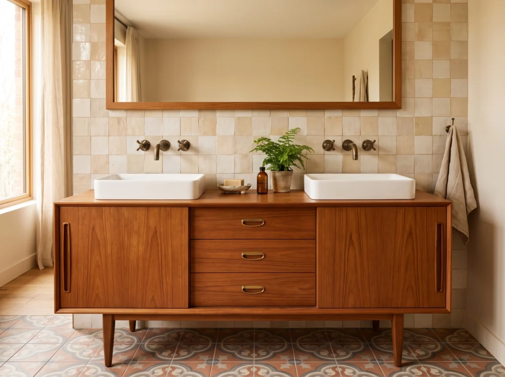 Mid-century teak sideboard converted into a bespoke double basin bathroom vanity unit.