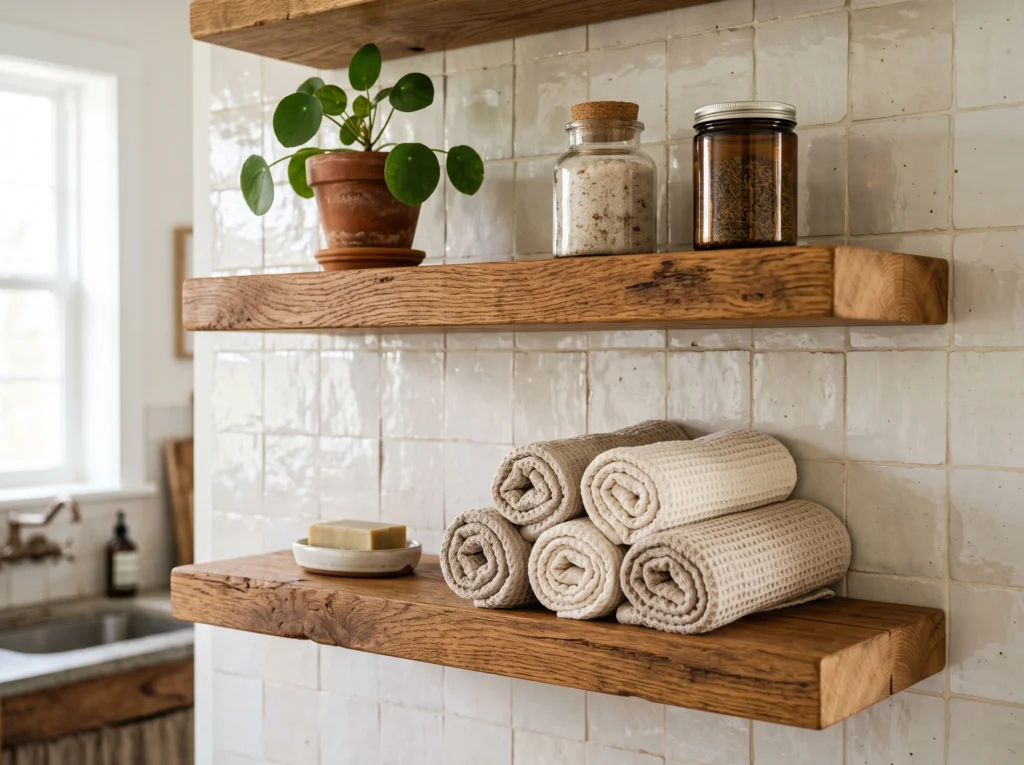 Open rustic oak timber shelves mounted on tiled bathroom walls holding rolled towels and ceramics.