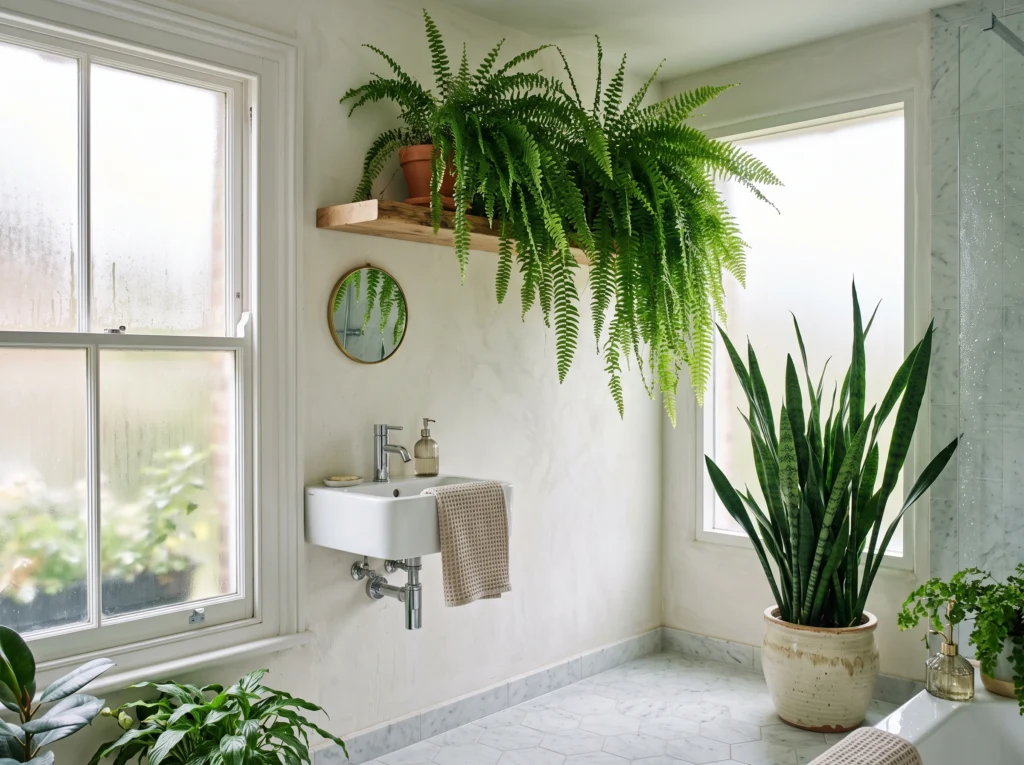 Boston ferns and snake plants arranged in a bright, naturally lit bathroom.