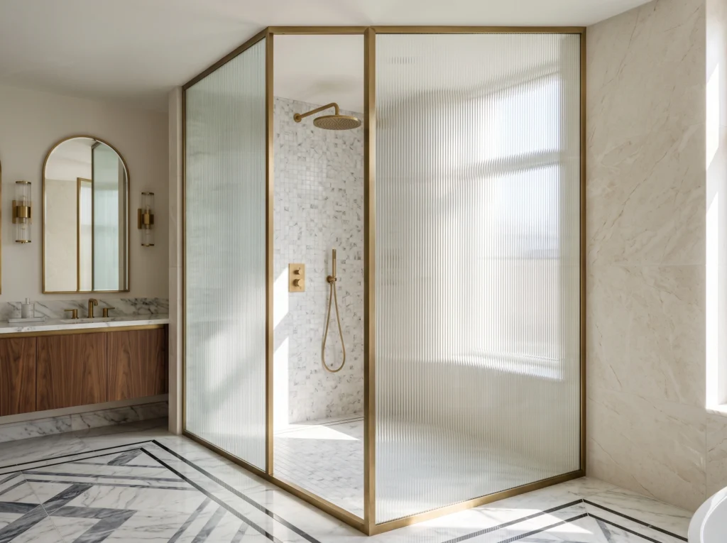 Walk-in shower enclosure featuring textured fluted reeded glass set in a slim brushed brass frame.