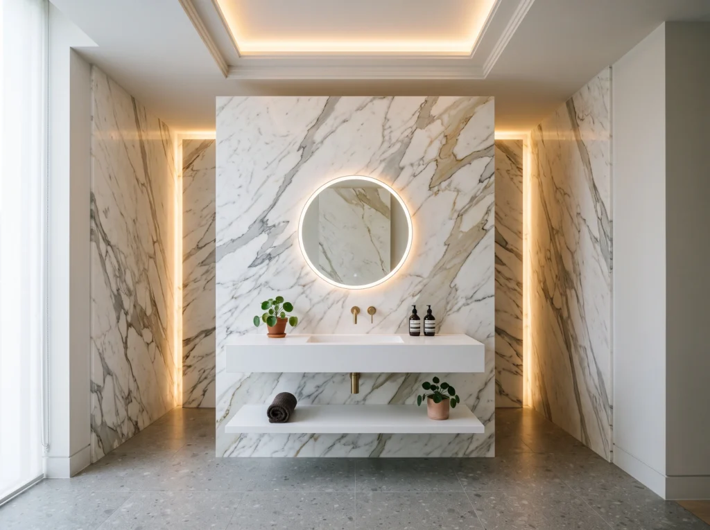 Dramatic Calacatta marble slab running floor-to-ceiling behind a modern floating vanity.