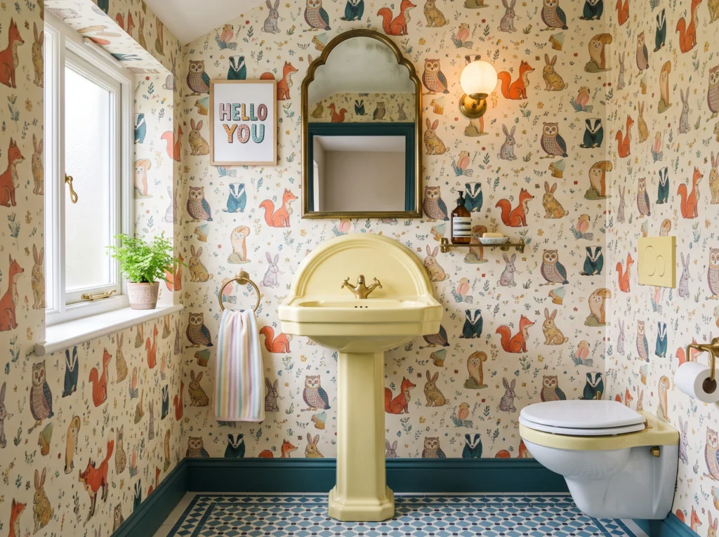 Playful downstairs cloakroom with a pastel yellow pedestal basin, whimsical wallpaper, and brass mirror.