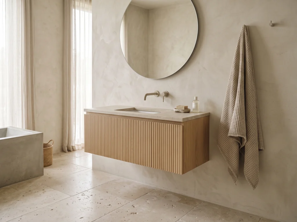 Monochromatic neutral bathroom layering matte microcement walls with a honed limestone floor.