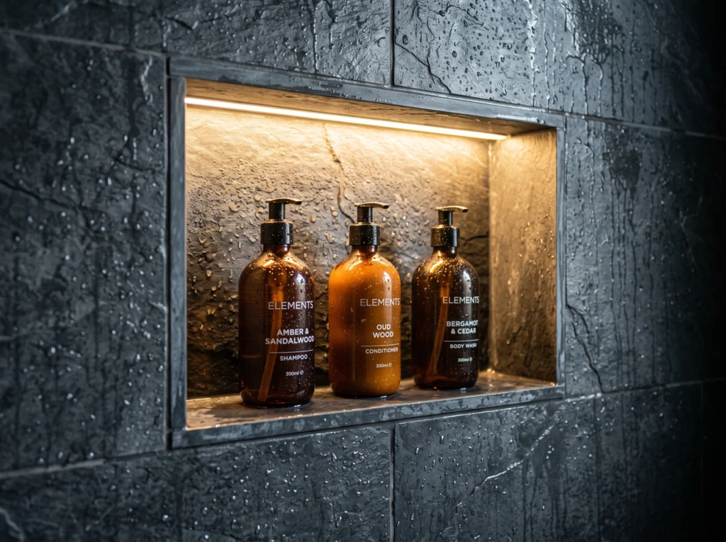 Deep recessed shower niche lined with dark tiles and illuminated by a concealed warm LED strip.