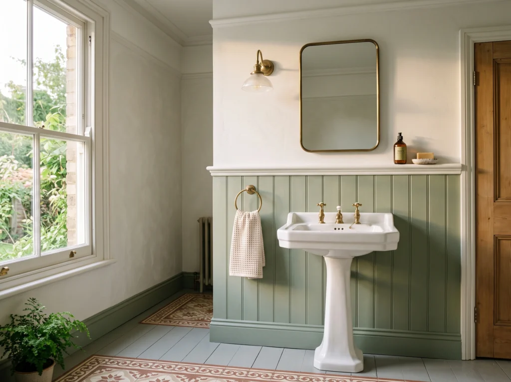 Half-height sage green tongue-and-groove beadboard wall panelling in a traditional bathroom.