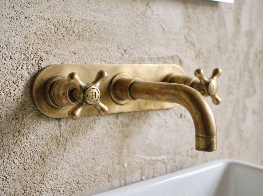 Macro detail of an unlacquered brass wall-mounted basin tap showing subtle natural aged patina.