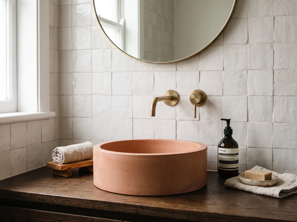 Terracotta cast concrete washbasin resting on a dark wood vanity deck with wall-mounted taps.