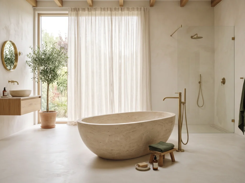 Solid stone freestanding bathtub positioned as an architectural focal point in a spacious bathroom.