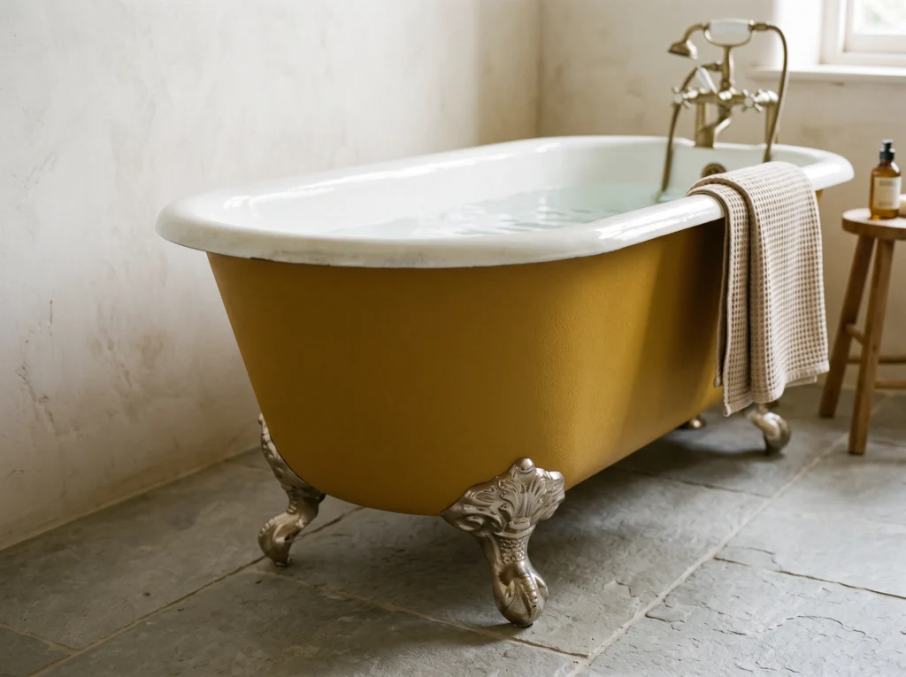 Vintage roll-top bathtub with a mustard yellow painted exterior set against neutral stone tiles.