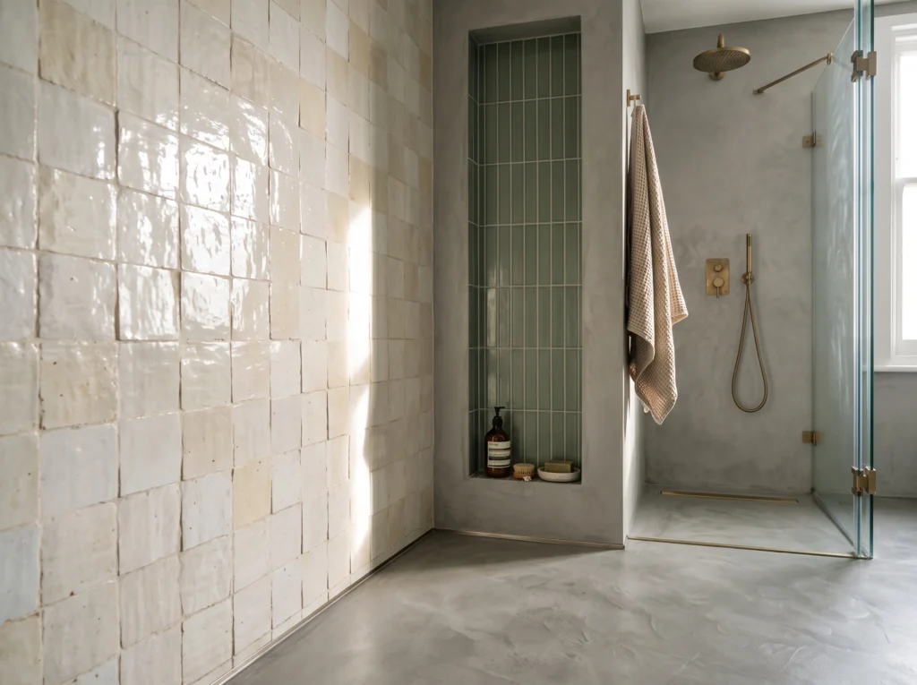Handmade glossy zellige wall tiles paired with seamless microcement shower flooring.