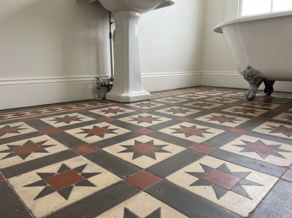 Ornate geometric encaustic floor tiles grounding a simple white bathroom with brass accents.