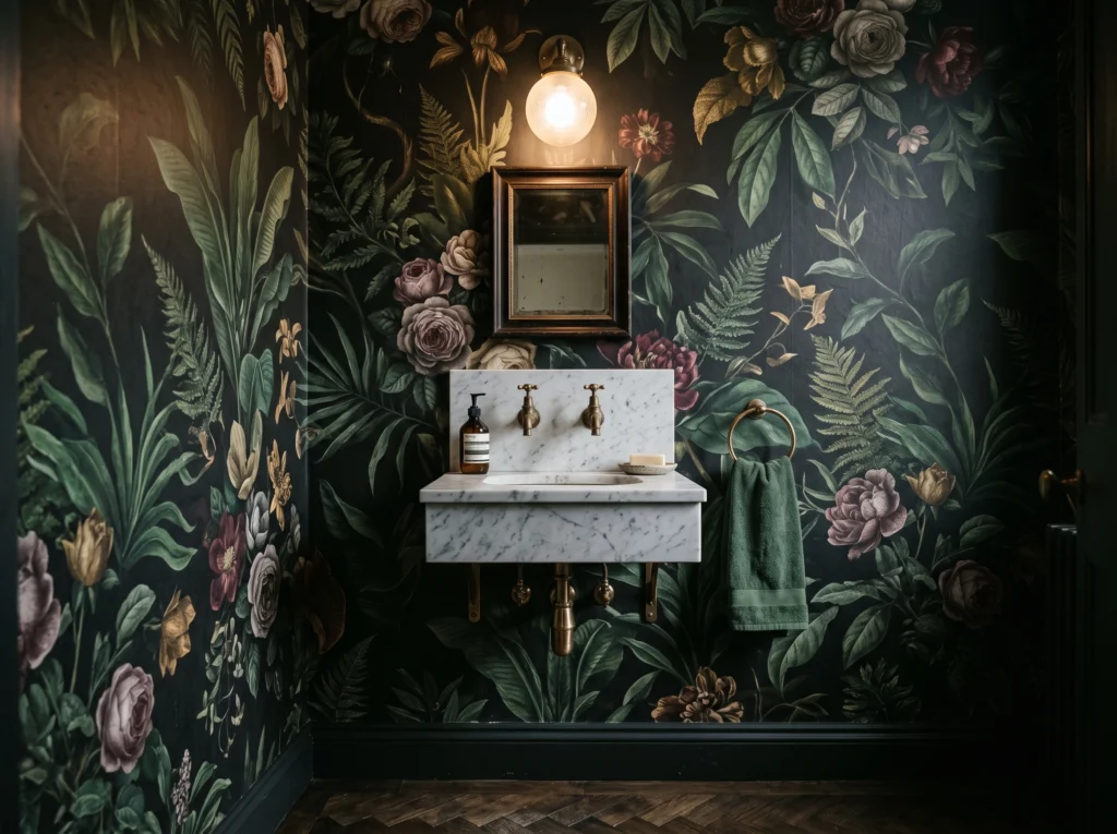 Elegant powder room decorated with dark botanical wallpaper and vintage wall sconces.
