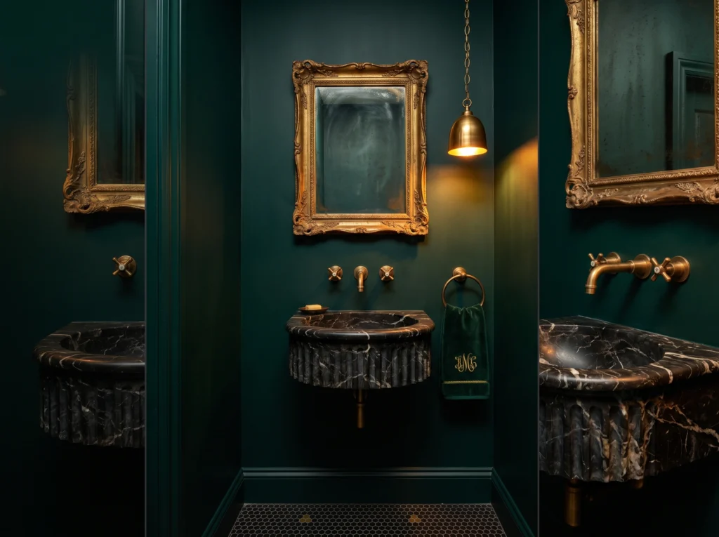 Dark and moody jewel-box downstairs cloakroom with dark green walls, marble sink, and aged brass fixtures.