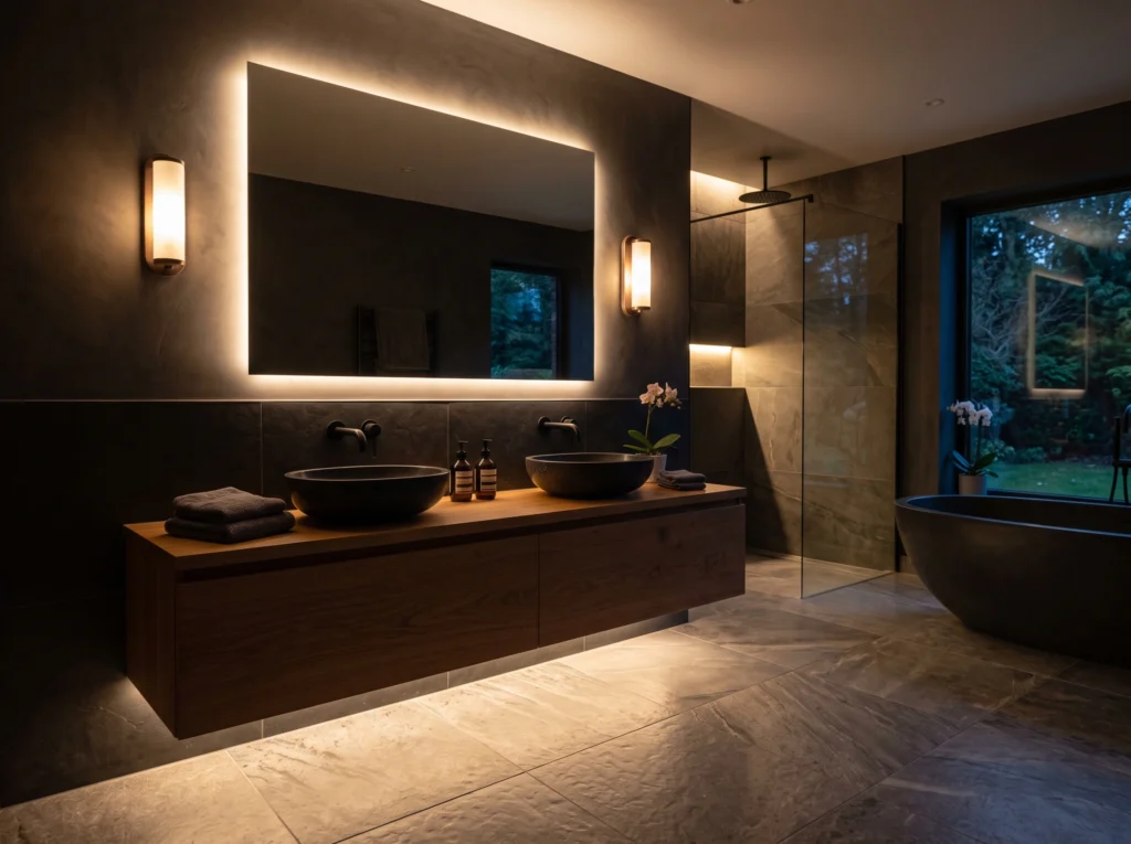 Warm low-level LED lighting beneath a floating wooden vanity creating a calming spa atmosphere.