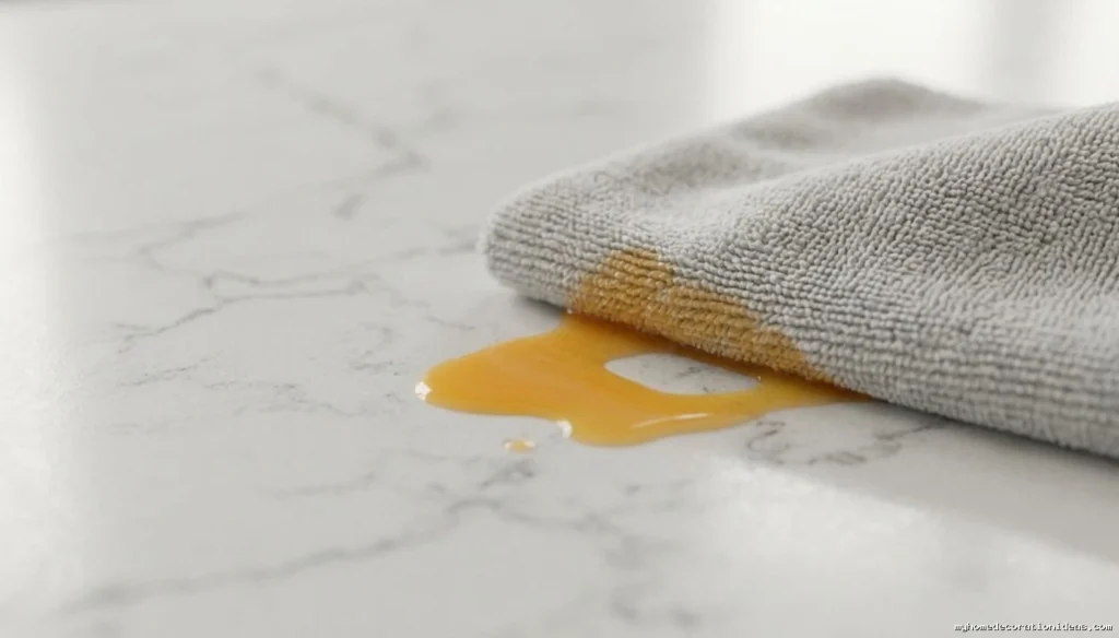 Wiping a juice spill off a durable, stain-resistant engineered quartz kitchen countertop.