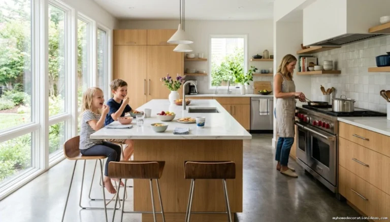 Home A modern family-friendly kitchen design featuring a mother cooking while kids sit safely at the kitchen island.