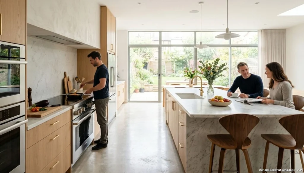 Spacious kitchen layout showing wide 48-inch walkways and an island barrier for safe family traffic flow.