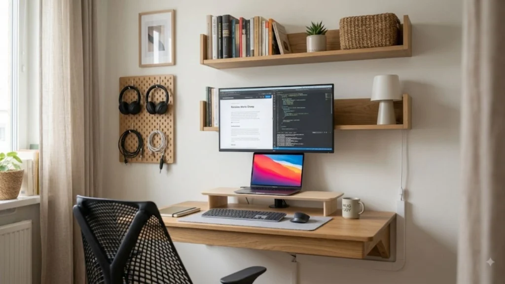 Vertical Storage Above A Compact Home Office Desk