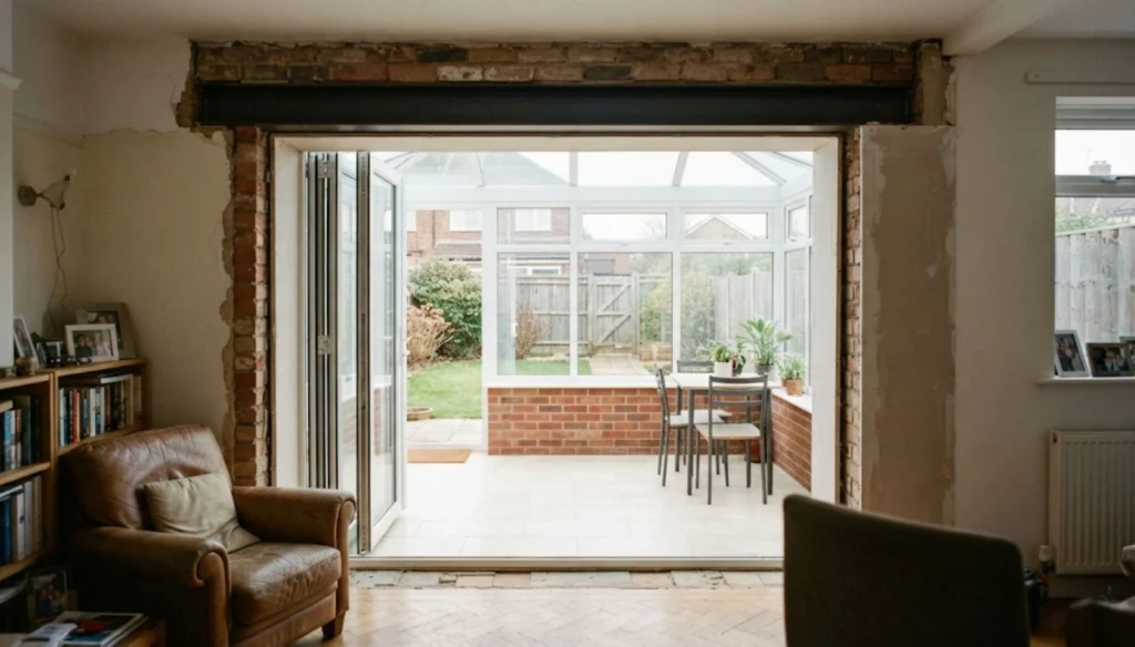 Structural opening connecting a UK house to a conservatory