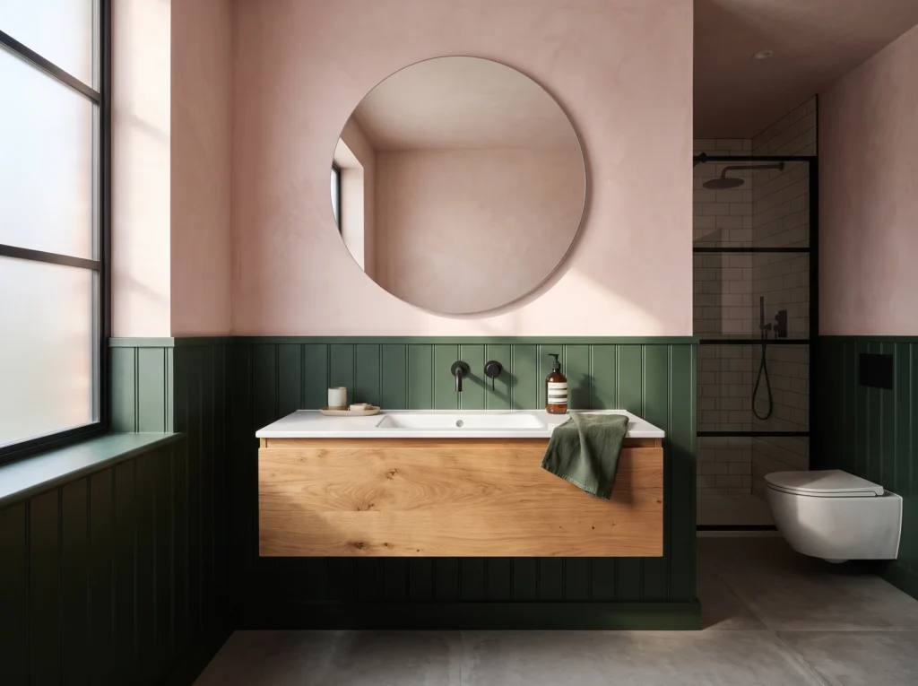 High-contrast bathroom combining deep forest green panelling with soft plaster-pink walls and matte black hardware.