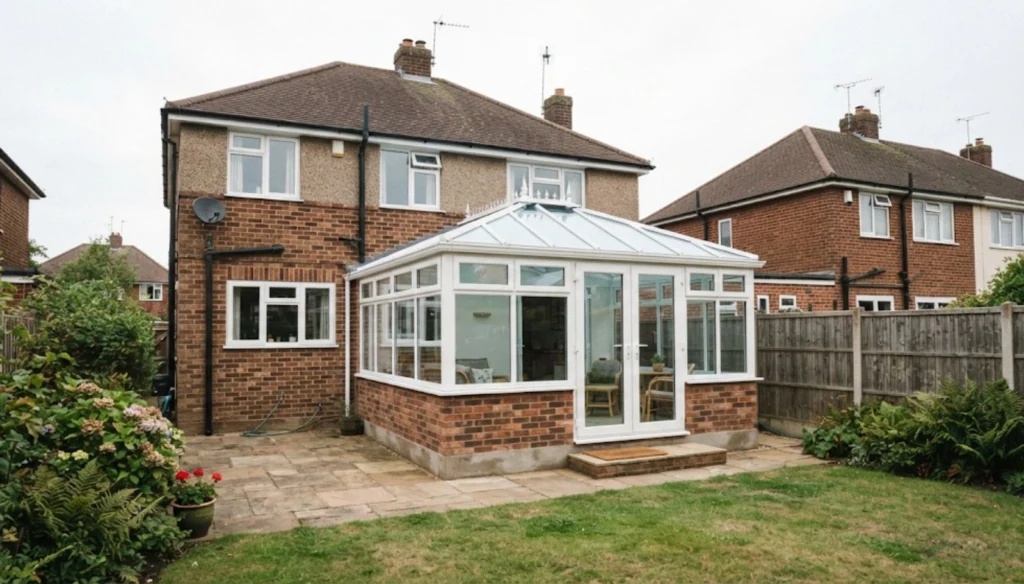 Modern conservatory extension attached to a UK brick house