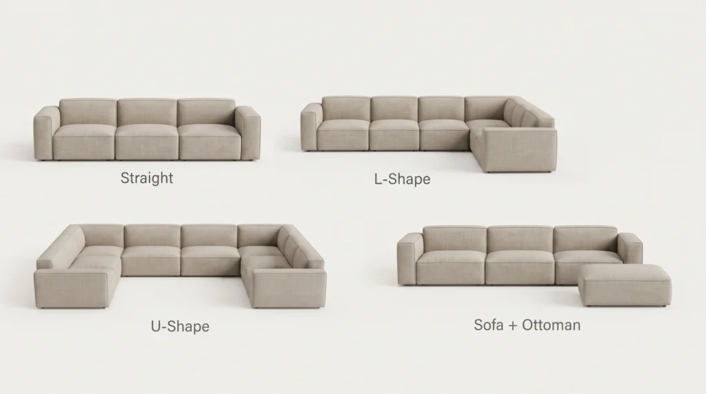 Common modular sofa configurations including straight L-shape U-shape and ottoman layouts