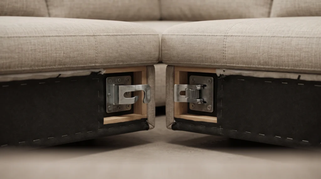 Hidden connectors joining modular sofa sections