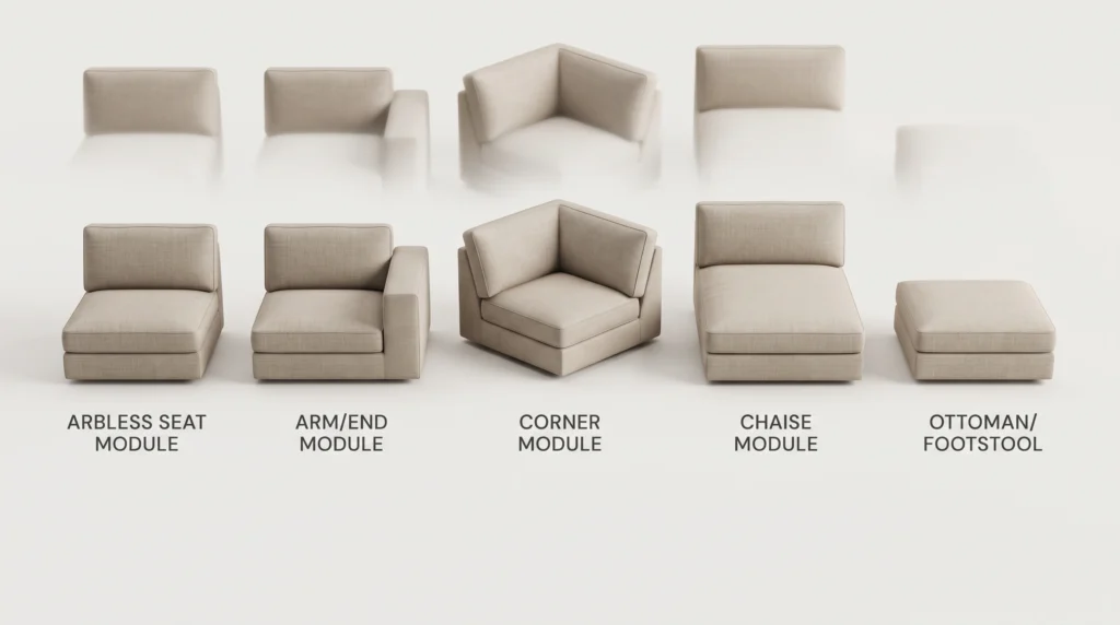 Modular sofa parts including armless, arm, corner, chaise and ottoman units