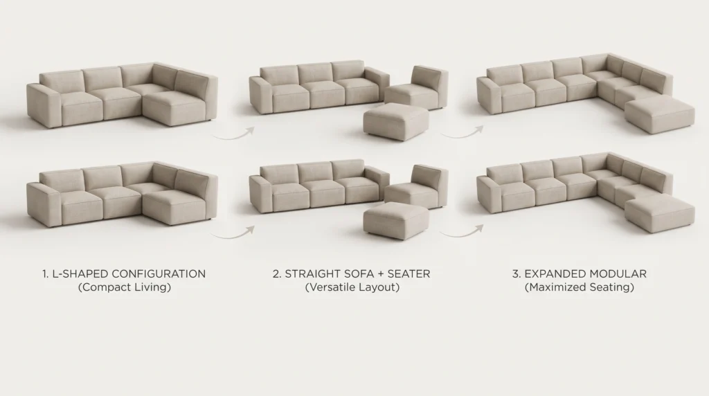Modular sofa rearranged into different seating configurations