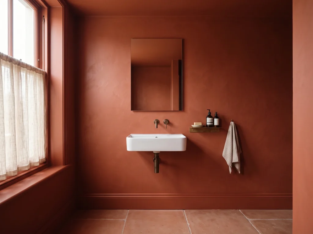 Intimate bathroom with rich terracotta paint drenched across the walls, ceiling, and door trim.