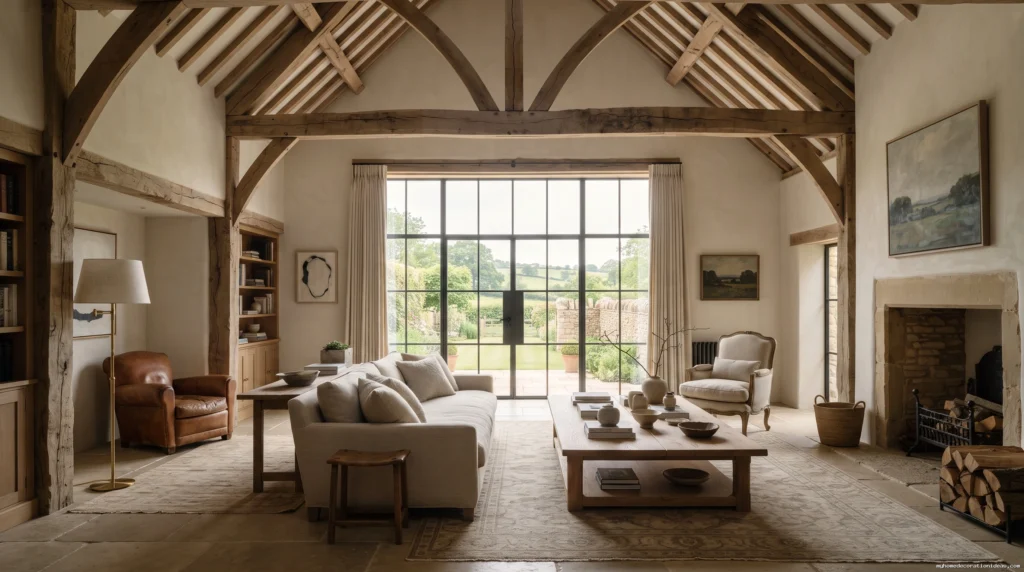 Beckham Cotswolds Aesthetic Open Plan Living Room With Reclaimed Timber Ceiling And Exposed Oak Trusses