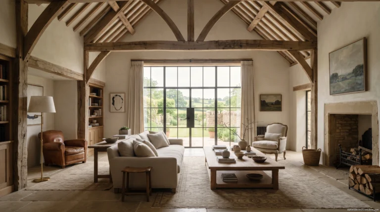 Beckham Cotswolds Aesthetic Open Plan Living Room With Reclaimed Timber Ceiling And Exposed Oak Trusses