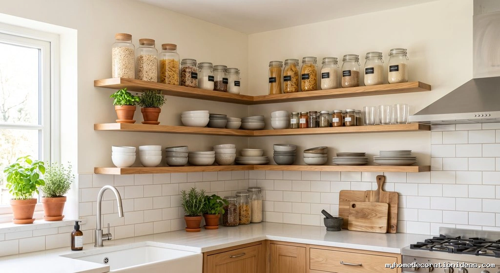 L Shaped Corner Open Kitchen Shelves Layout